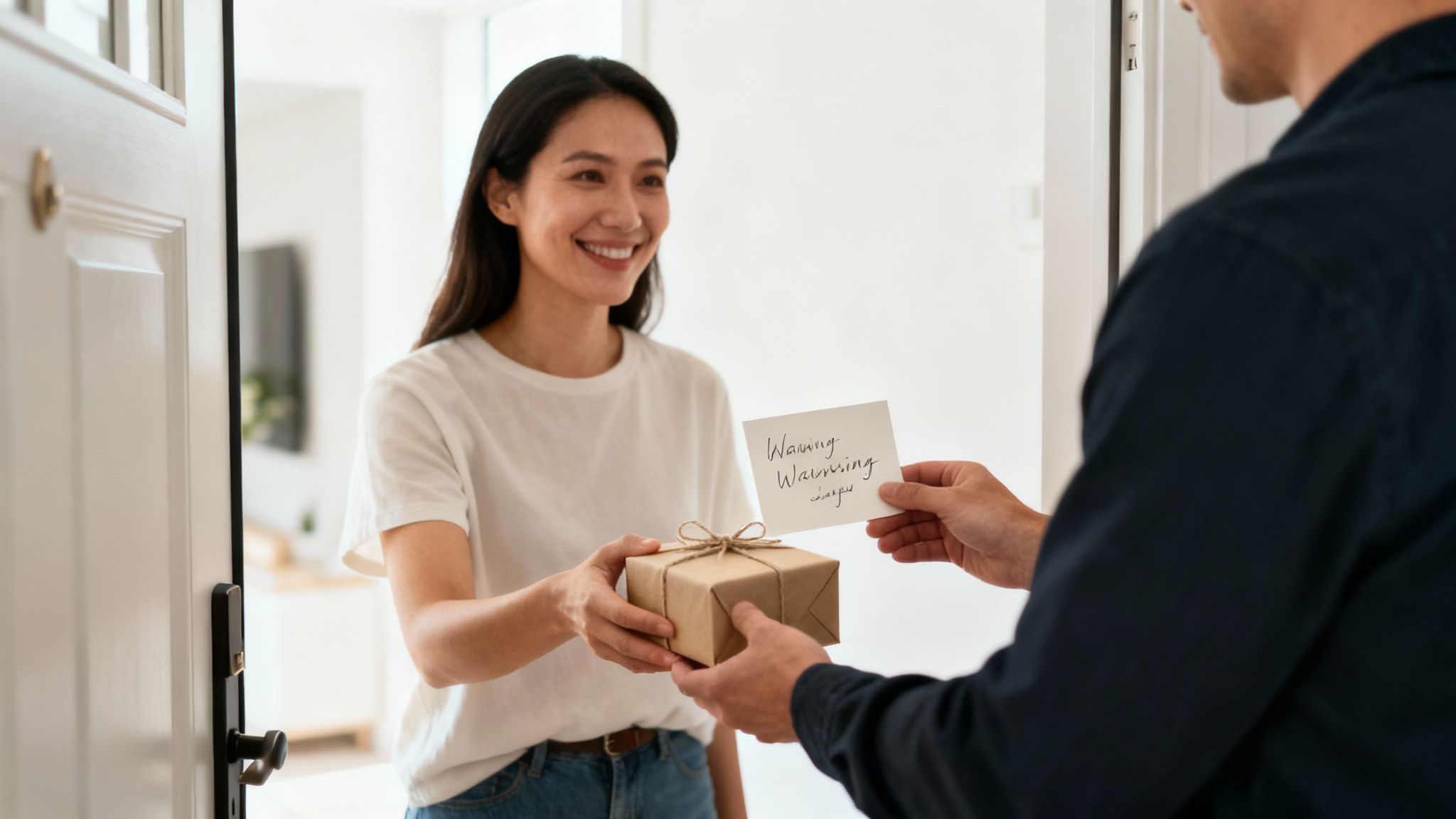 A smiling Asian woman receives a rustic wrapped gift and a handwritten card at her doorway.