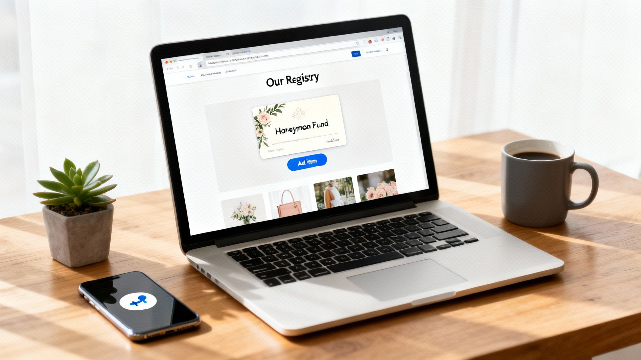 A laptop on a wooden desk displays a wedding registry website with a