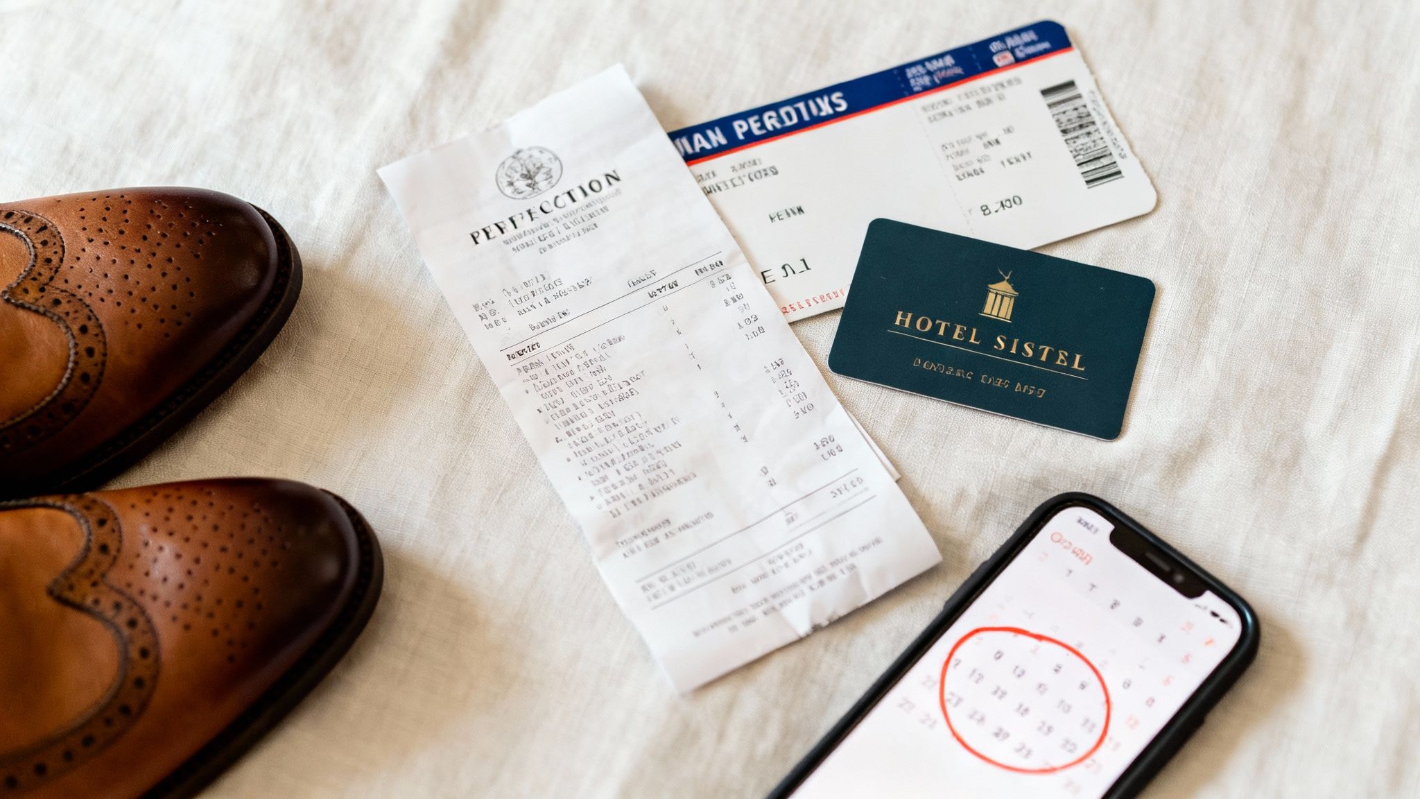 Overhead view of travel essentials like shoes, receipt, flight ticket, hotel key card, and a phone calendar.