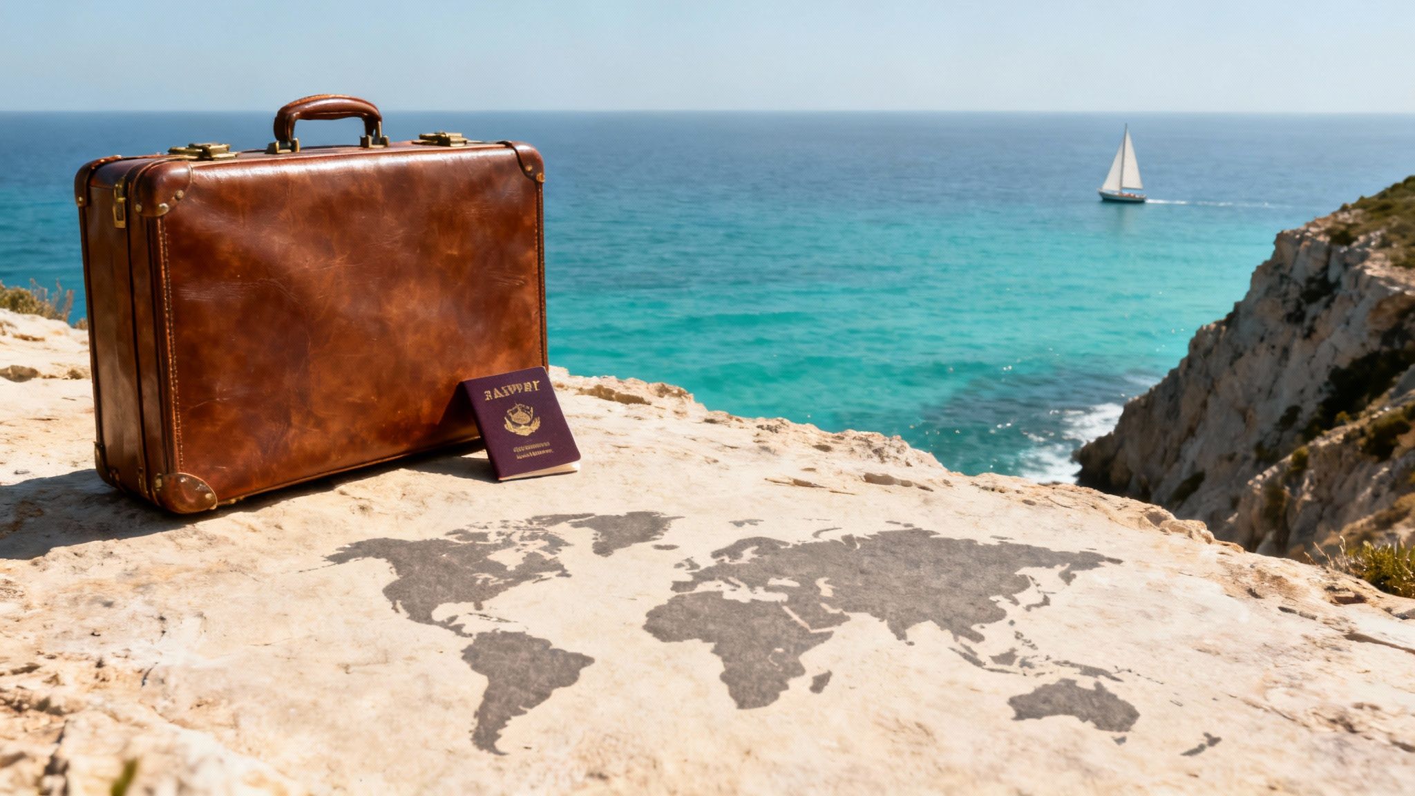A vintage brown suitcase and passport on a cliff with a world map shadow, overlooking a turquoise sea and sailboat.