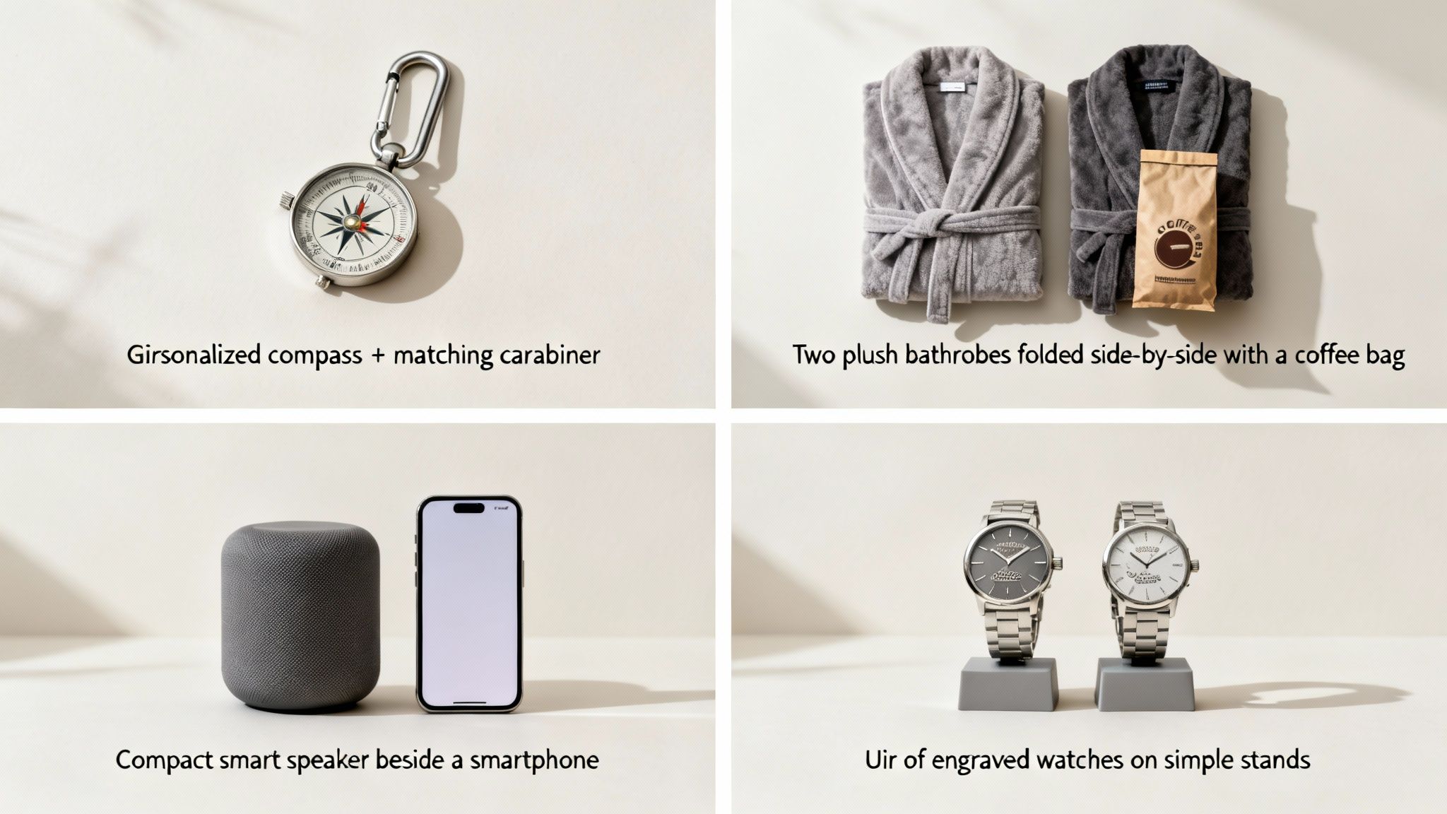 A collection of his and hers gift ideas including a compass, bathrobes, smart tech, and watches.