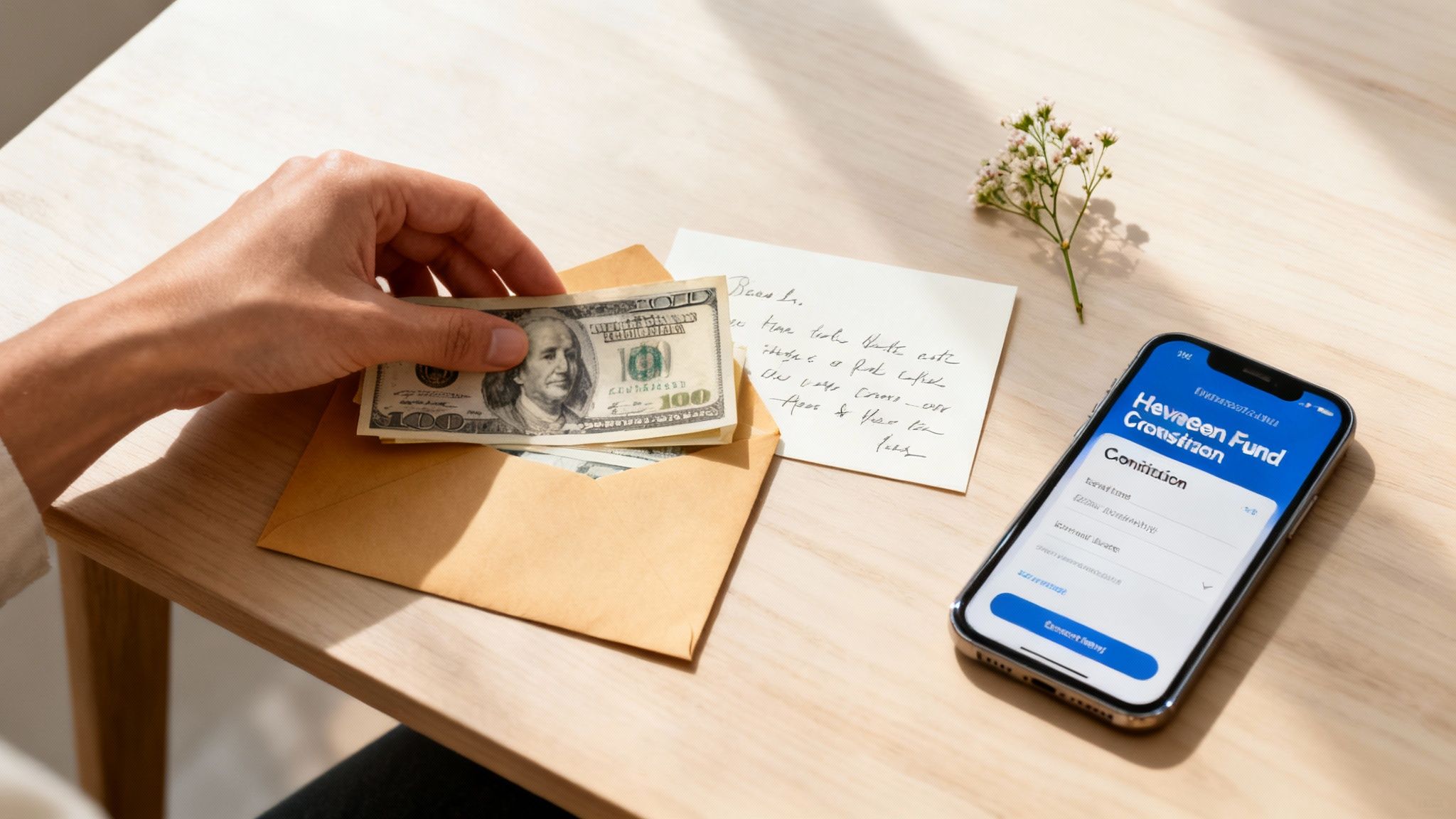 A hand places US dollar bills into a brown envelope on a wooden table next to a handwritten note and a smartphone.