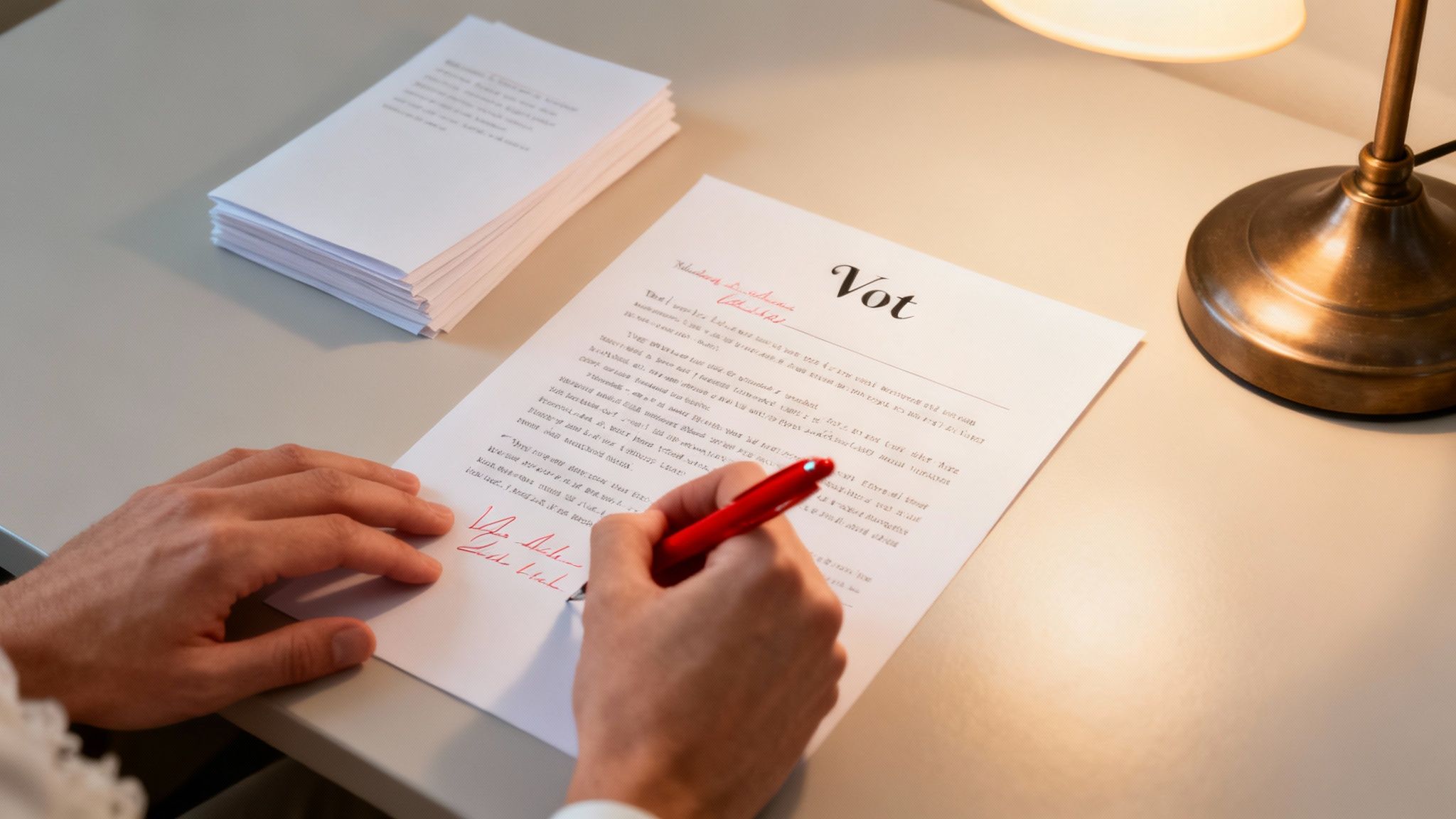A person's hands writing with a red pen on a document titled 'Vot' on a desk.