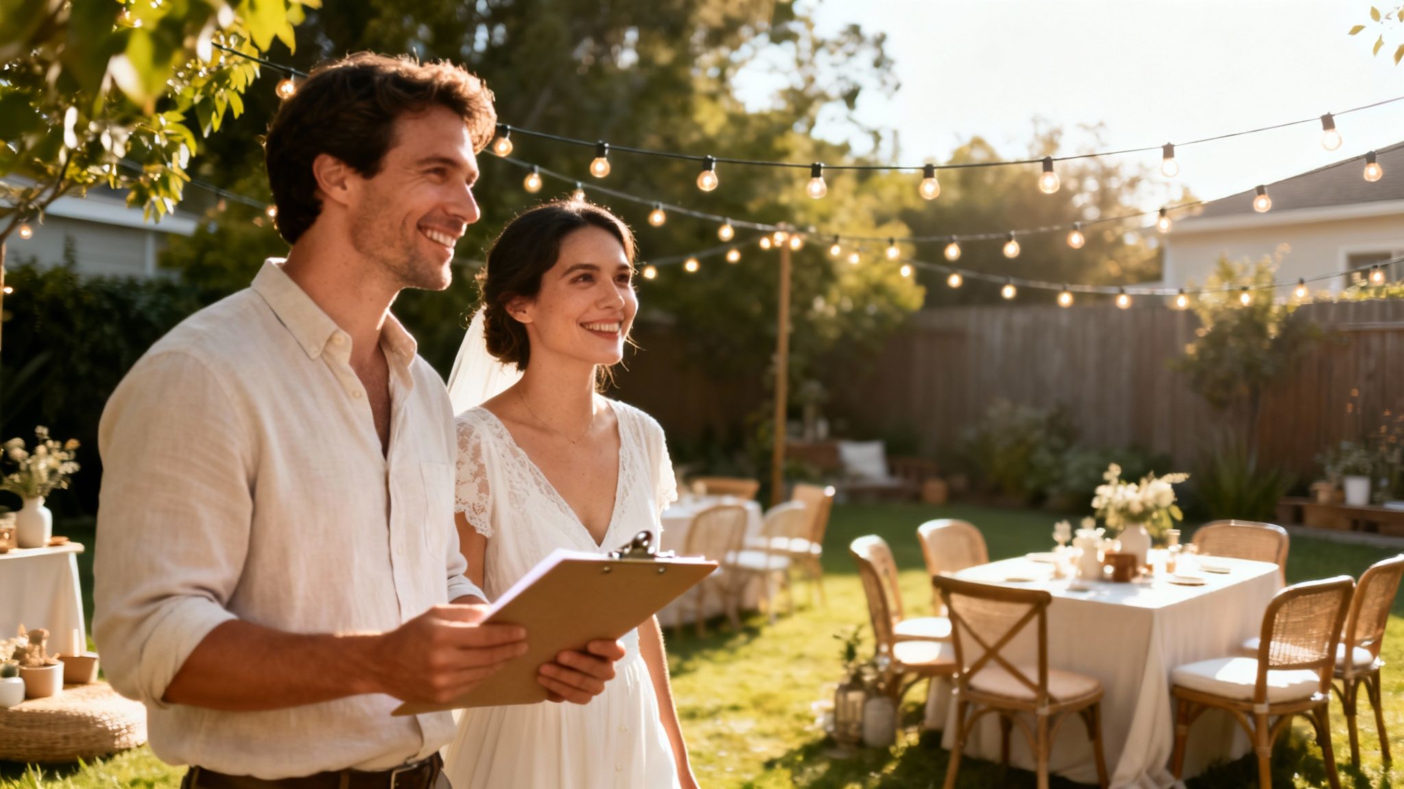 Happy bride and groom reviewing plans for their outdoor backyard wedding reception.