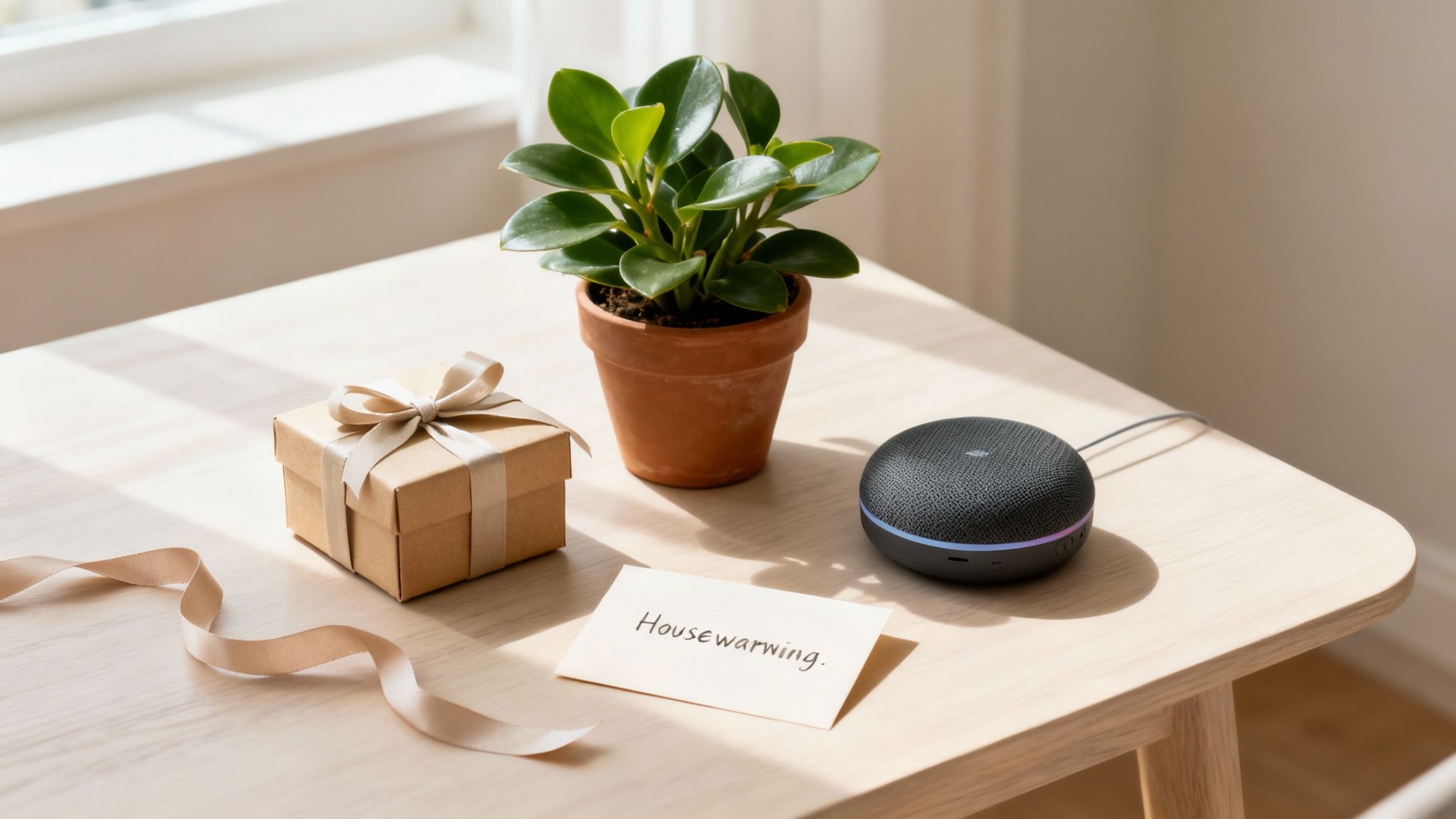 A housewarming gift set with a potted plant, present, smart speaker, and card on a wooden table.