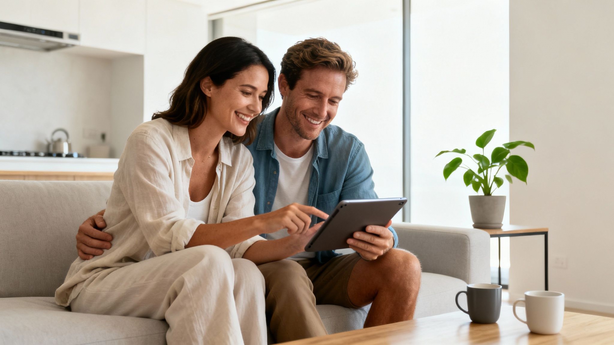 A smiling couple relaxing on a sofa, looking at and pointing at a tablet in their modern home.