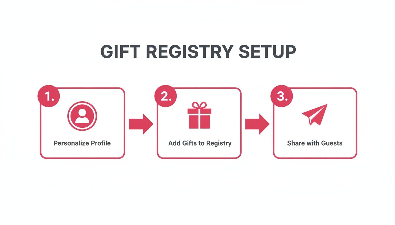 A three-step guide for gift registry setup: personalize profile, add gifts, and share with guests.