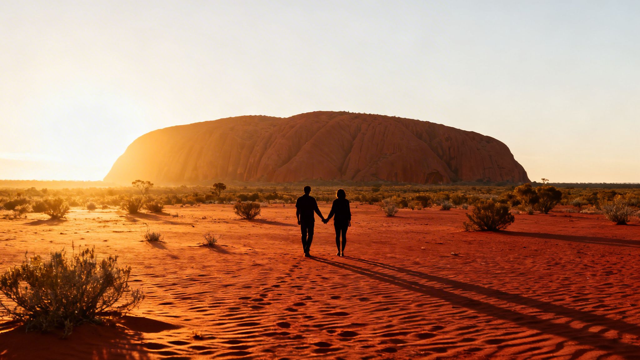 Silhouetted couple holding hands, walking towards Uluru in the Australian outback at sunset.