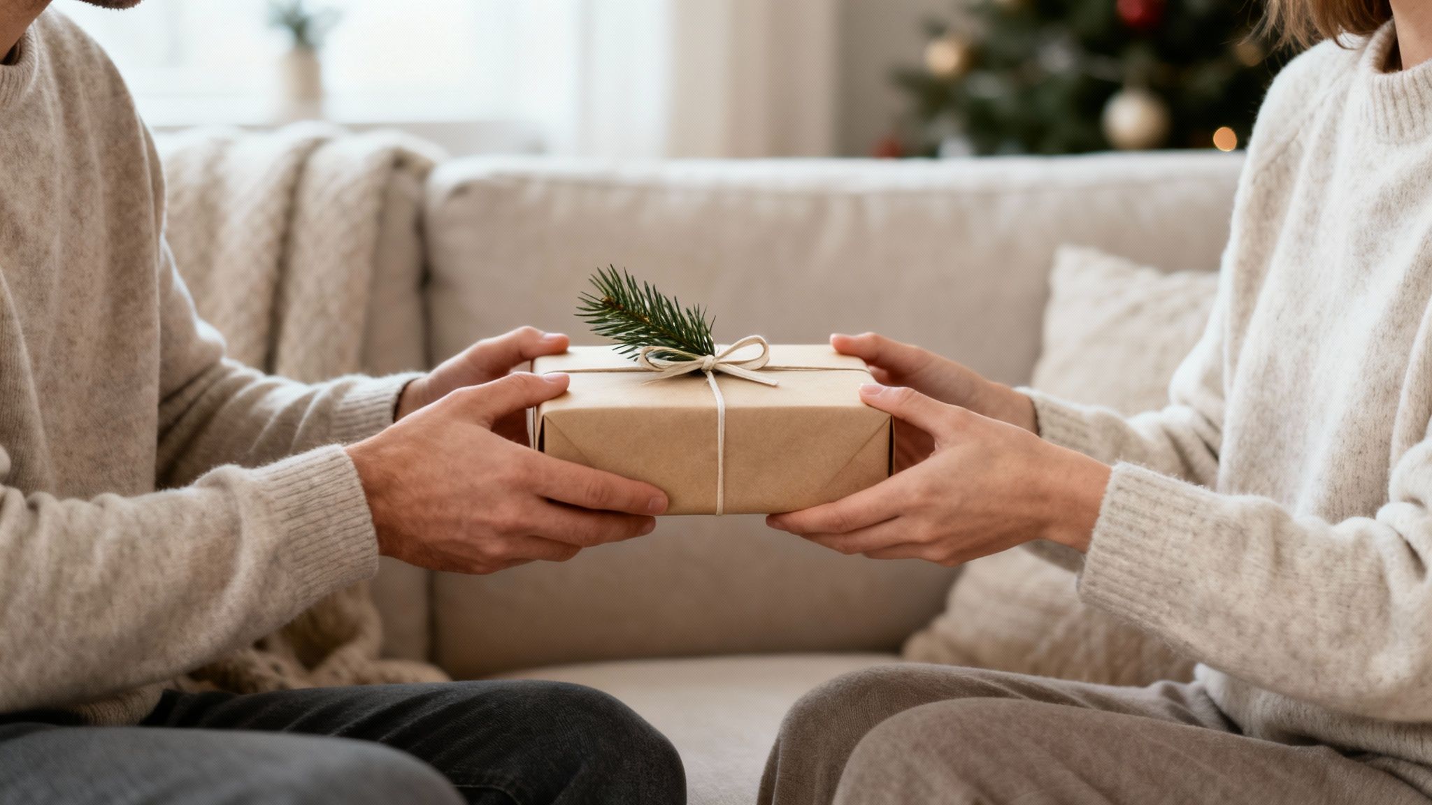 Close-up of a couple's hands exchanging a wrapped Christmas gift with a fir sprig.