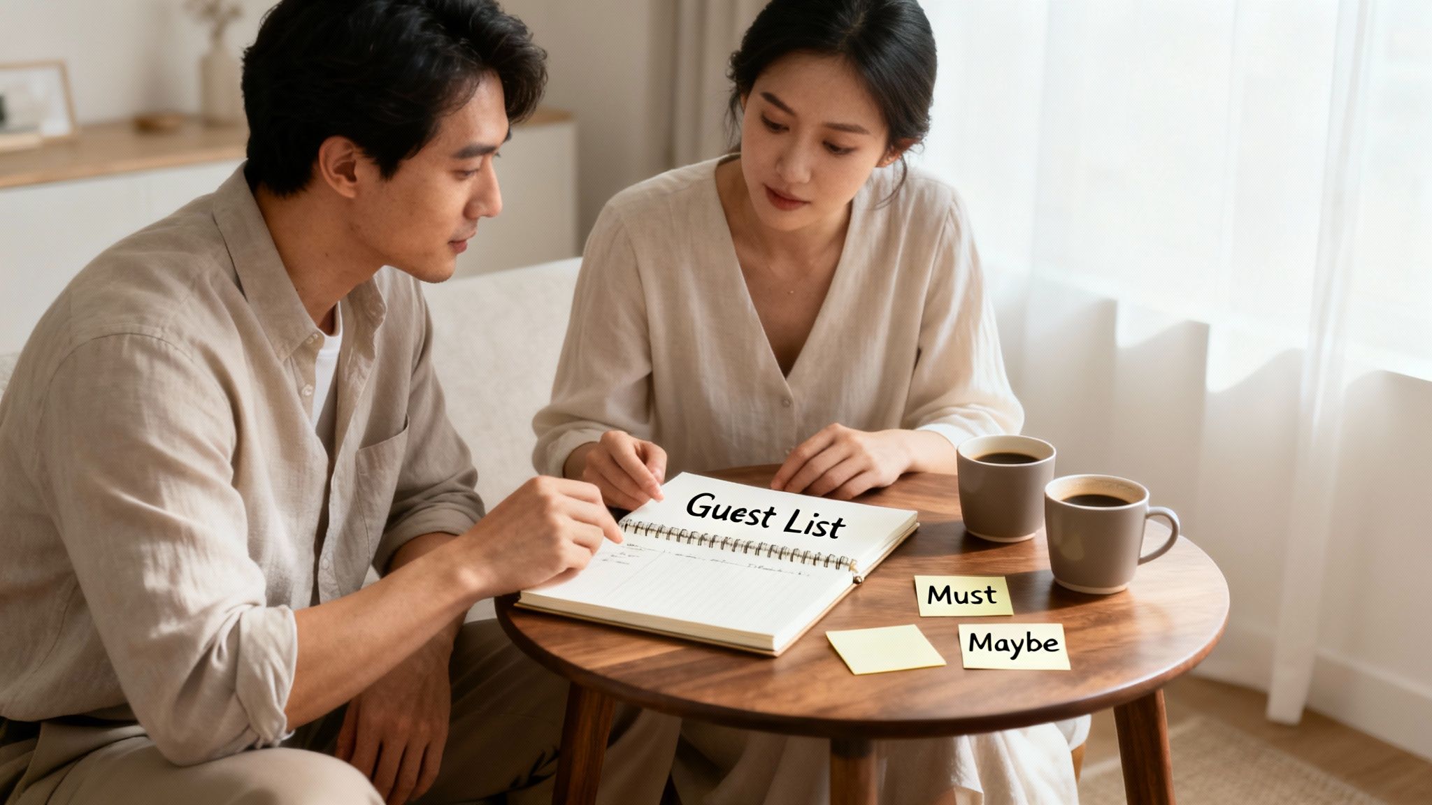 A couple plans an event guest list, writing in a notebook titled 'Guest List' with coffee.