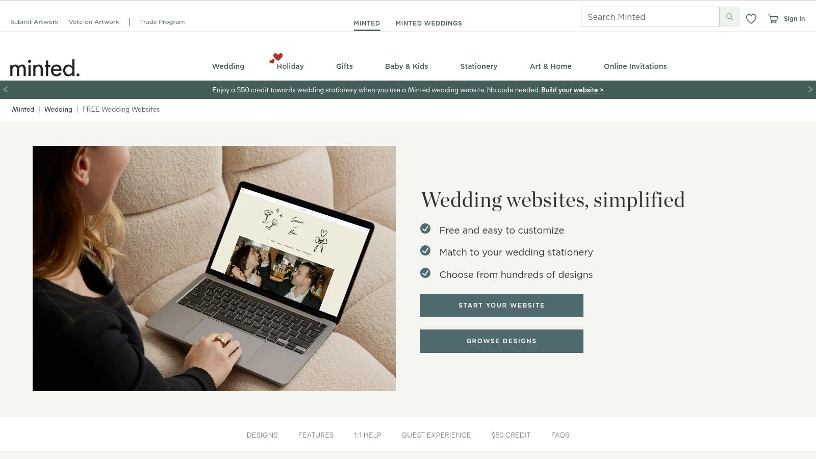 A mobile and desktop view of a Minted wedding website design, showcasing its clean and artistic layout.