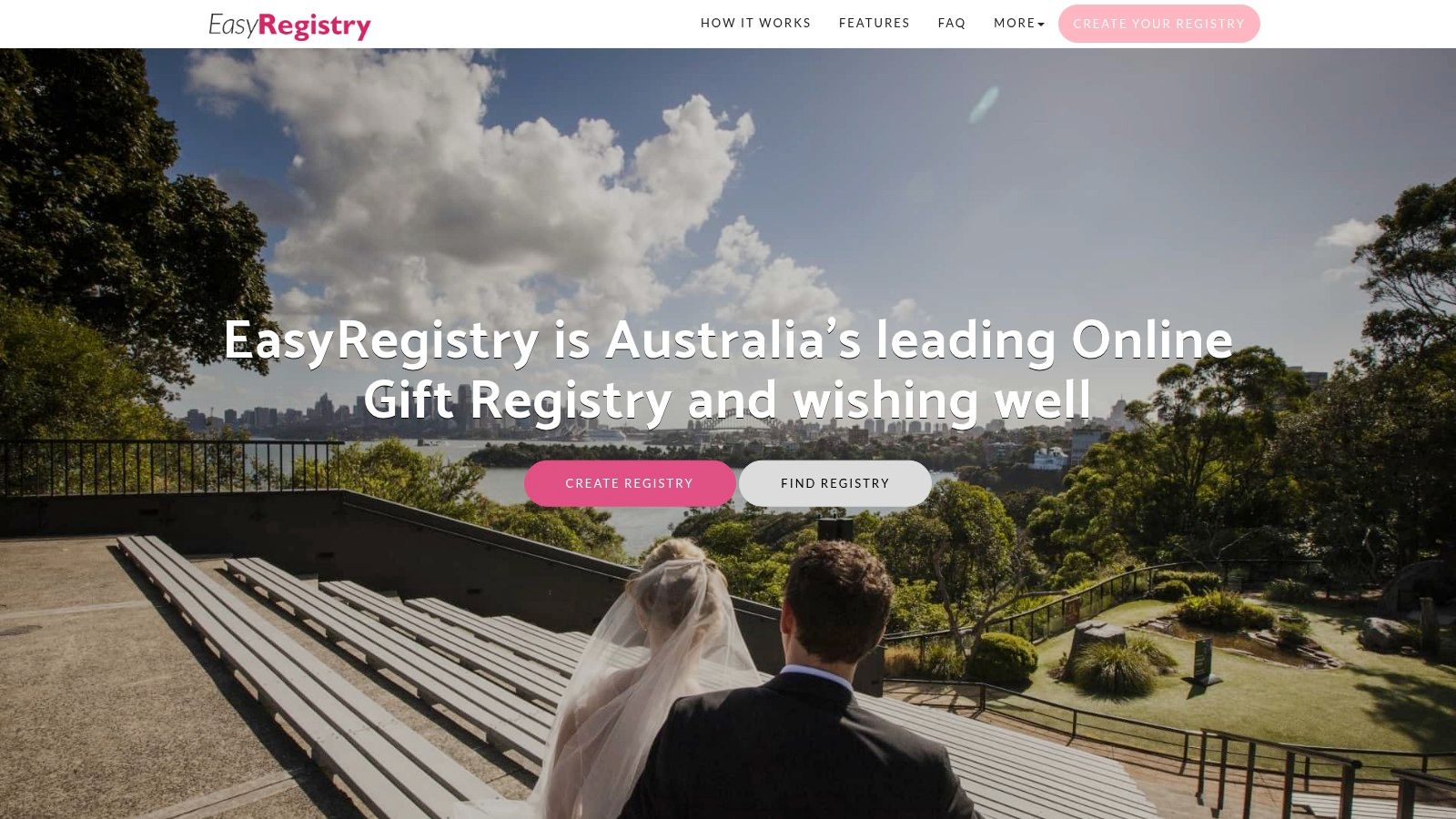 A screenshot of the EasyRegistry homepage showing a couple with the text