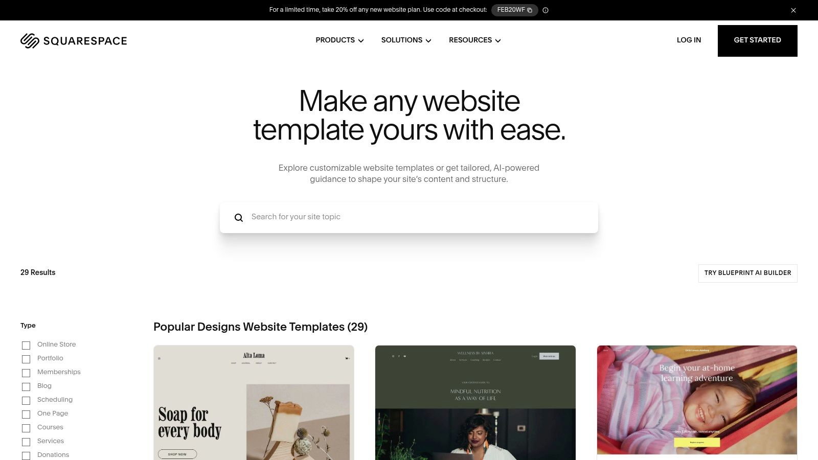 A collage of different website templates available on the Squarespace platform, showcasing a variety of styles.