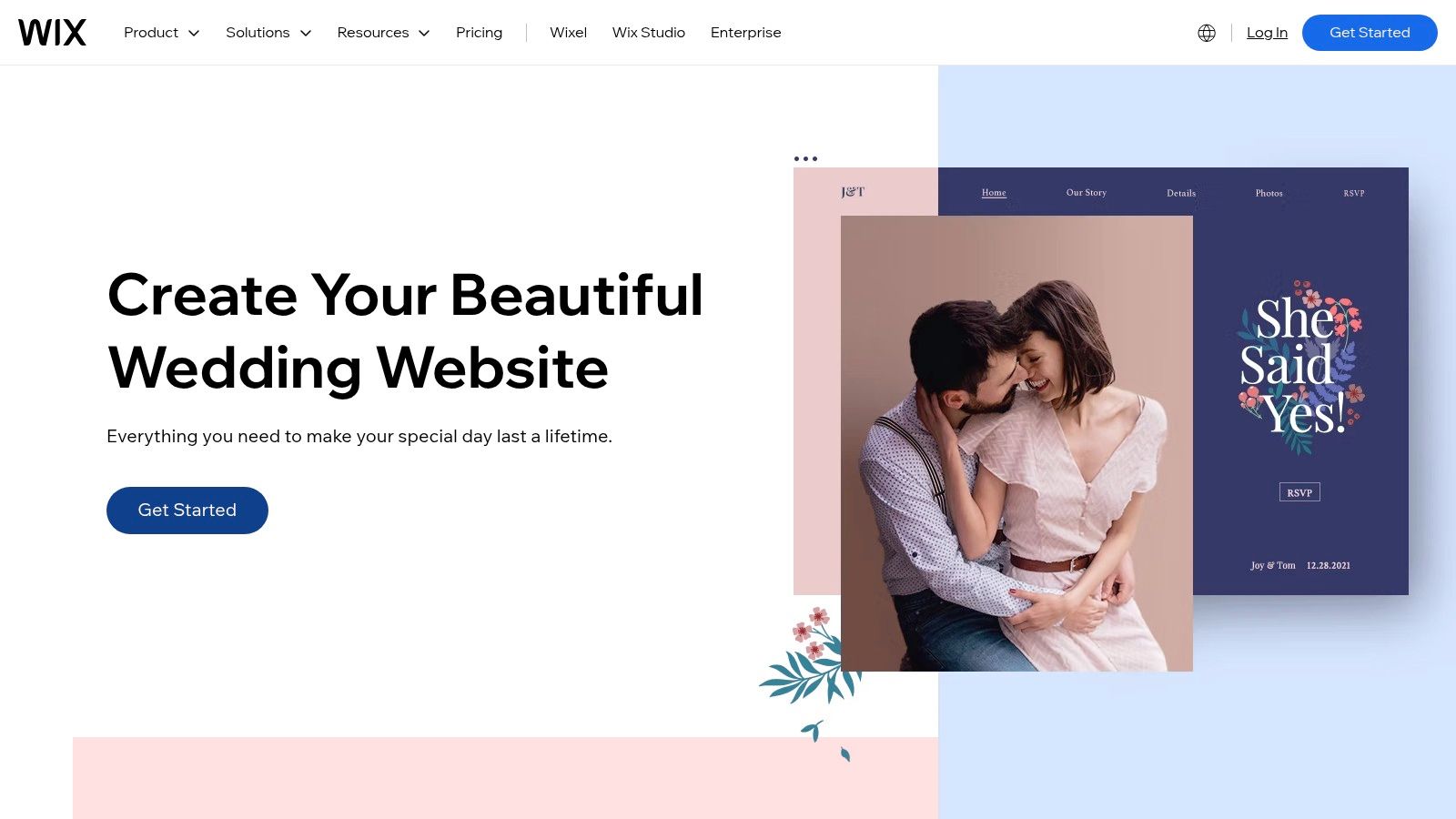 A Wix wedding website template showing a couple's photo and event details.