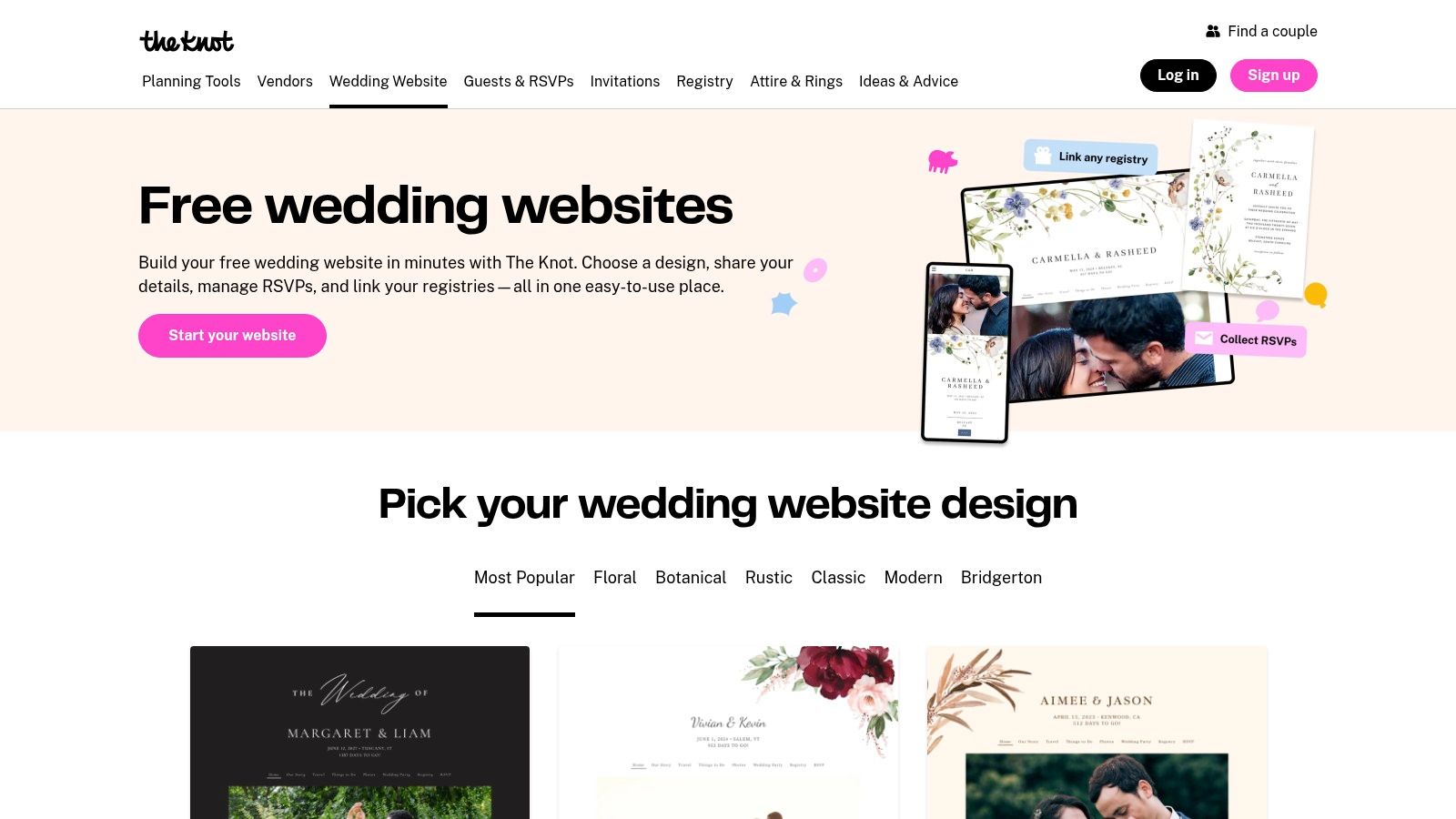 A collage of different website templates available on The Knot, showcasing various design styles for wedding websites.