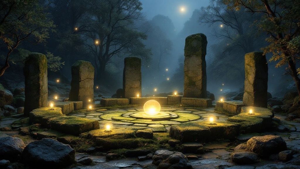 orbs in a stonehenge setting