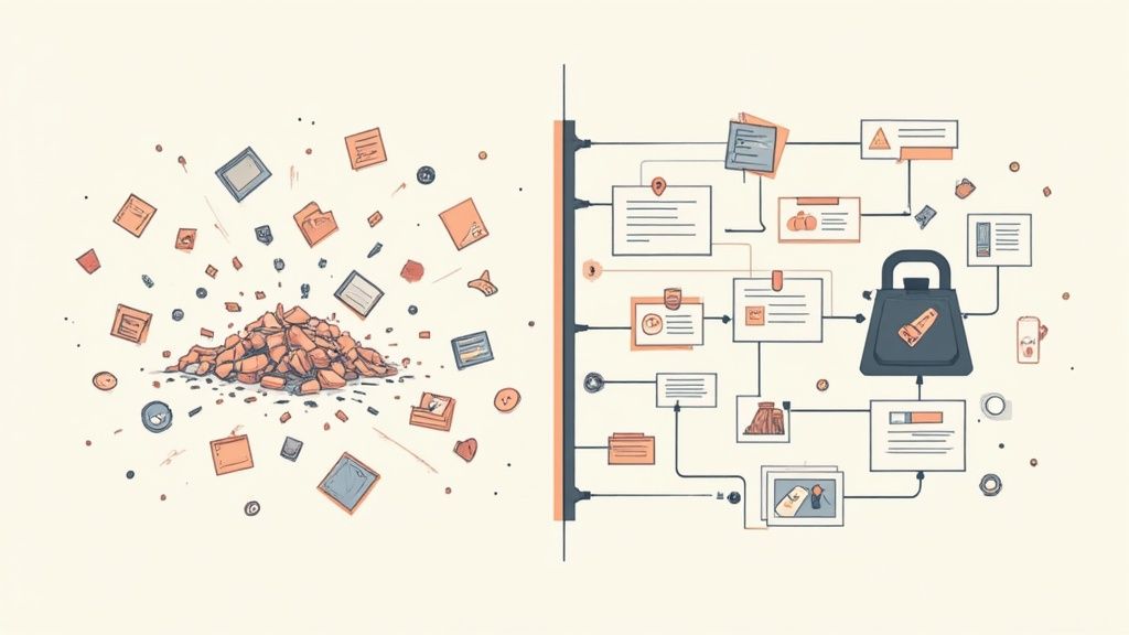 An illustration contrasting disorganized data on the left with an organized workflow on the right.