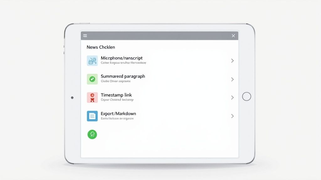 A white tablet displays an app interface with options for transcription, summarization, and export.