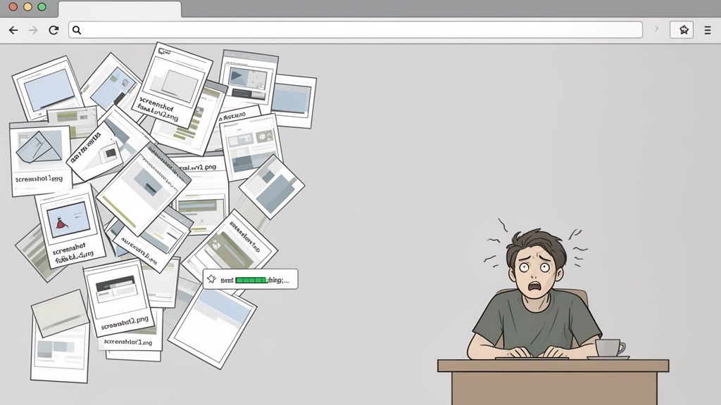 A man looking stressed at a desk, overwhelmed by a large pile of digital screenshots on a computer screen.