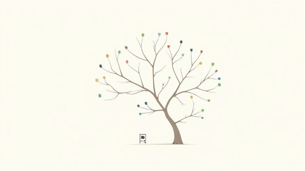 A minimalist illustration featuring a tree with bare branches and colorful, small, round fruits or leaves, with a tiny door at its base.