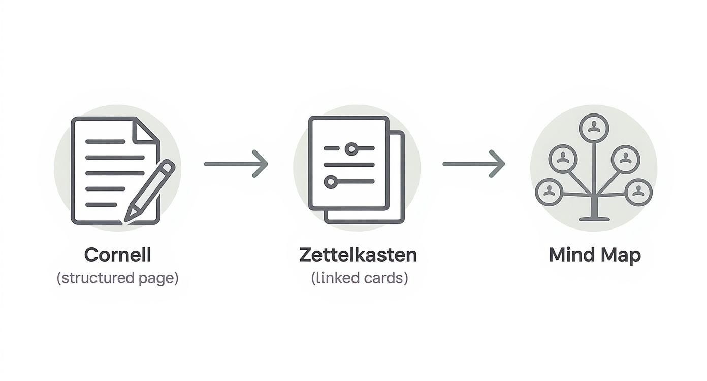 Diagram showing a progression from Cornell notes to Zettelkasten linked cards, and finally to a mind map.