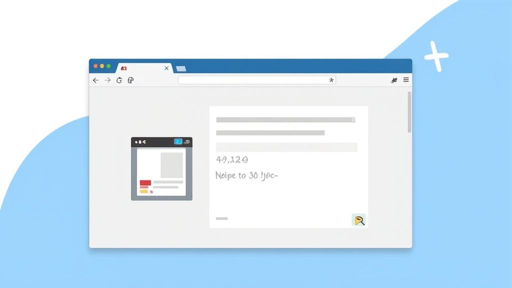 An illustrative web browser window shows text content and a small embedded preview with a magnifying glass icon.