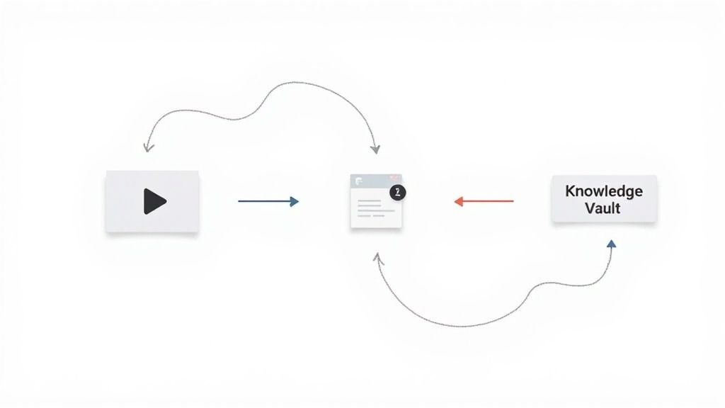 Diagram illustrating an AI note-taker app workflow, connecting video, notes (with 2 items), and a Knowledge Vault.