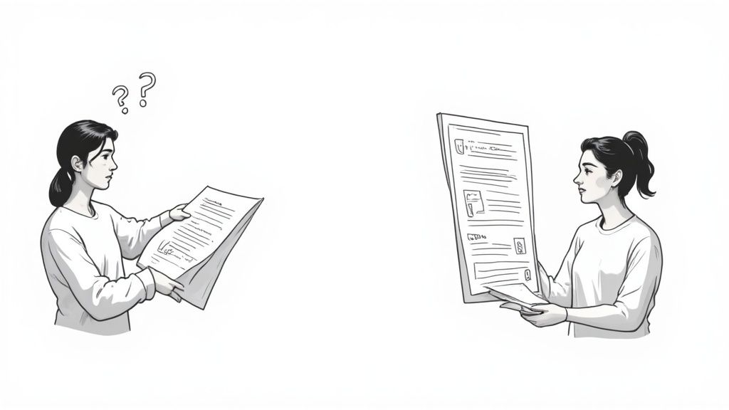 Two women reviewing documents; one looks confused with question marks, the other presents information.