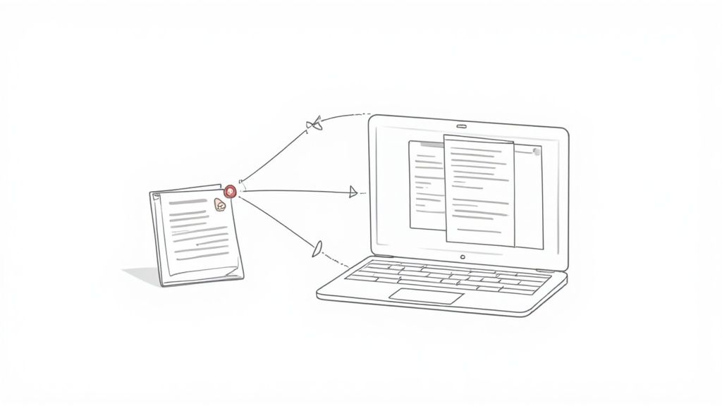 A paper document with a red pushpin, connected by lines to a laptop displaying digital documents.