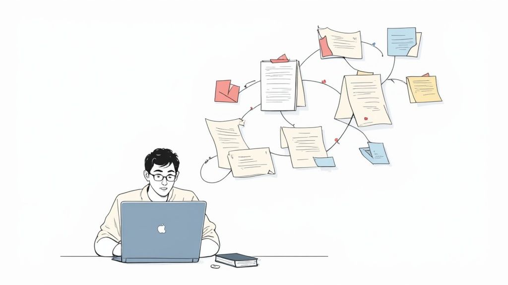 A man in glasses works on a laptop, with a floating mind map of documents and ideas above him.