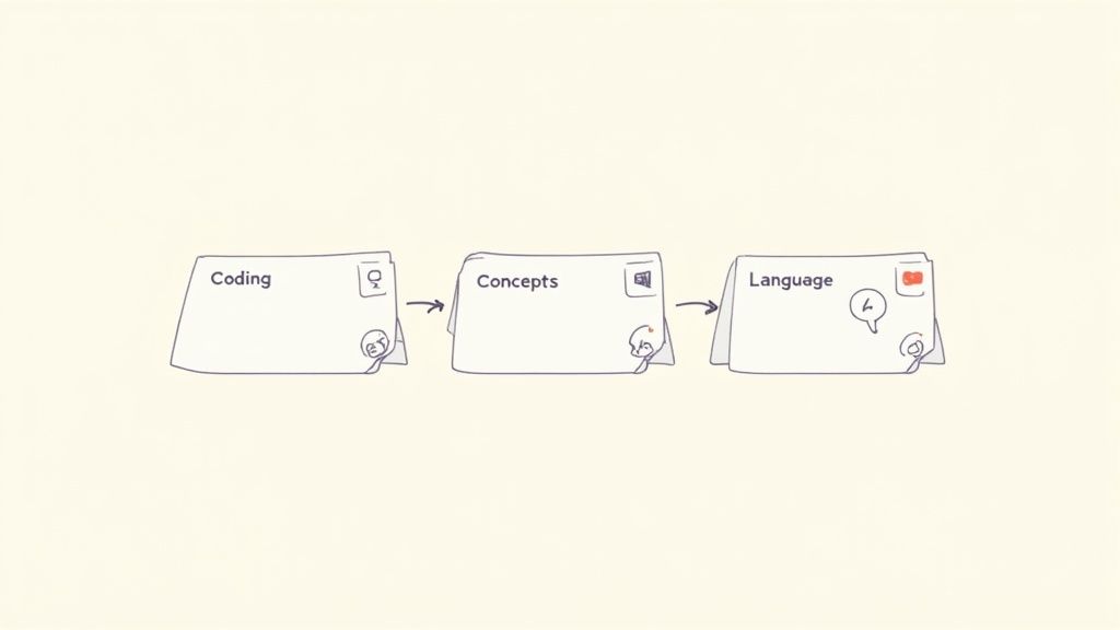 Three notecards illustrate a learning process from coding to concepts to language, connected by arrows.