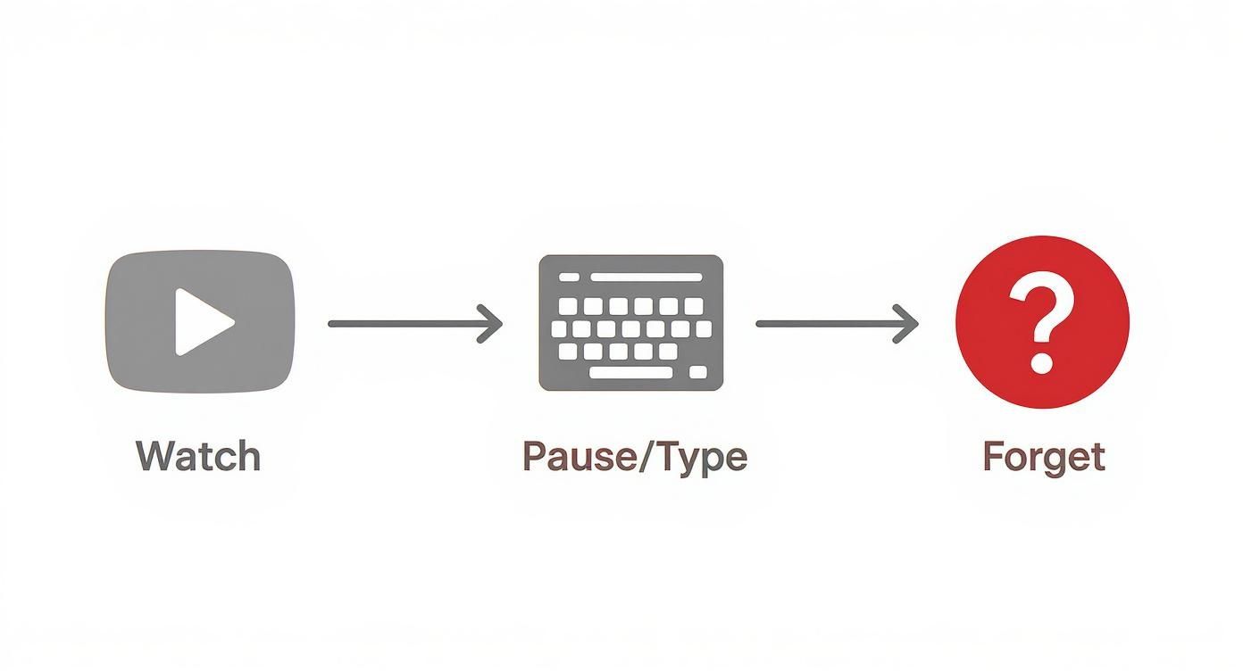 Flowchart showing icons for Watch, Pause/Type, and Forget, illustrating common knowledge retention challenges.