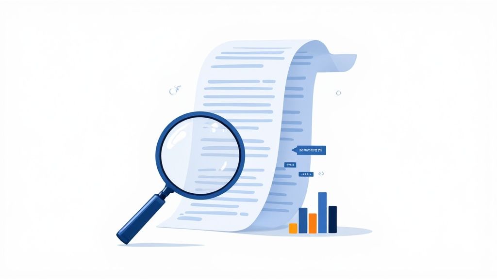 A magnifying glass inspecting a long document with data points and a bar chart, symbolizing data analysis and review.