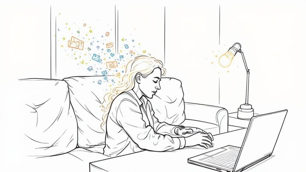 A line drawing of a woman typing on a laptop with colorful ideas floating above her head.