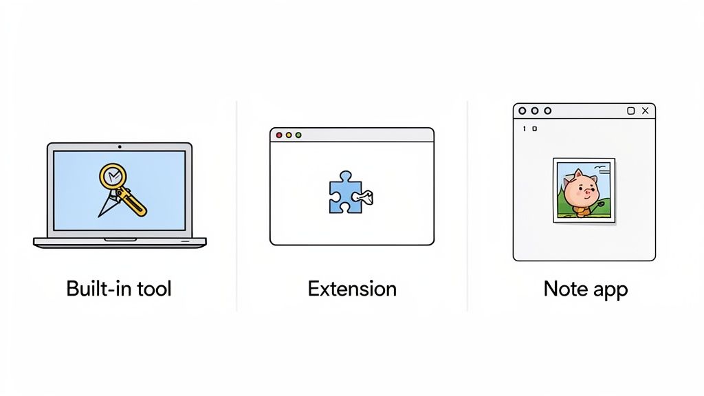Illustrations showing a laptop with a built-in tool, an app window with an extension, and a note app displaying an image.