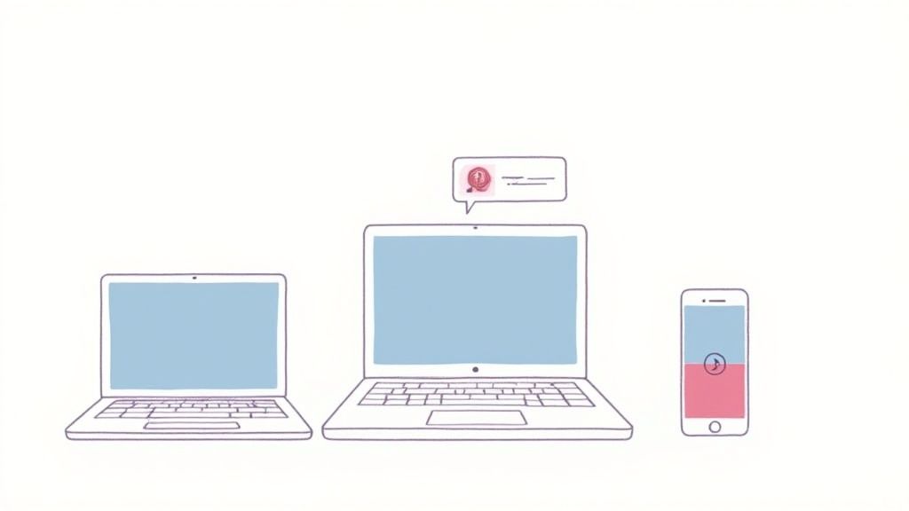 Hand-drawn illustration showing two laptops and a smartphone, one laptop with a notification.