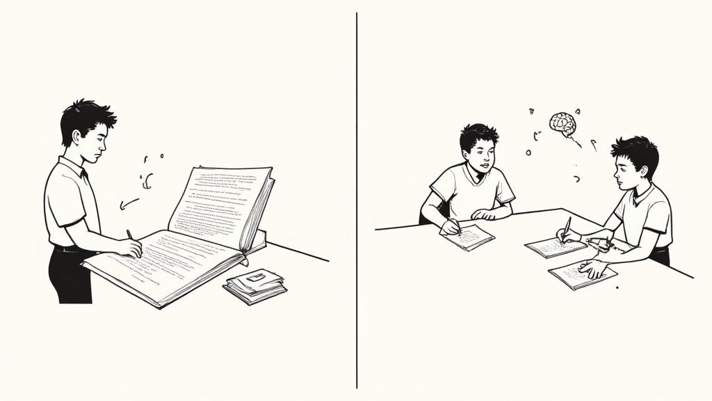 Black and white illustration comparing individual study methods to collaborative learning between students.