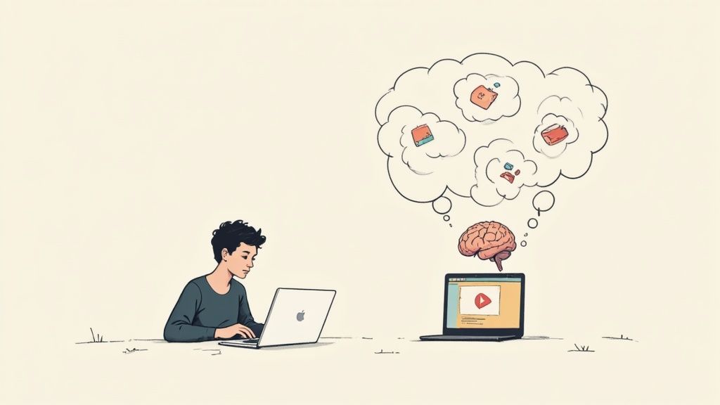 A person learns from a laptop, with a brain and thought bubble showing books, implying knowledge acquisition from online videos.