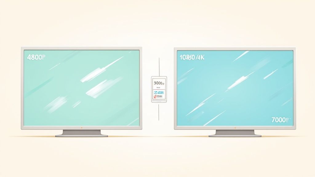 Two computer monitors comparing different video resolutions, showing 4800P versus 1080/4K with 7000P.