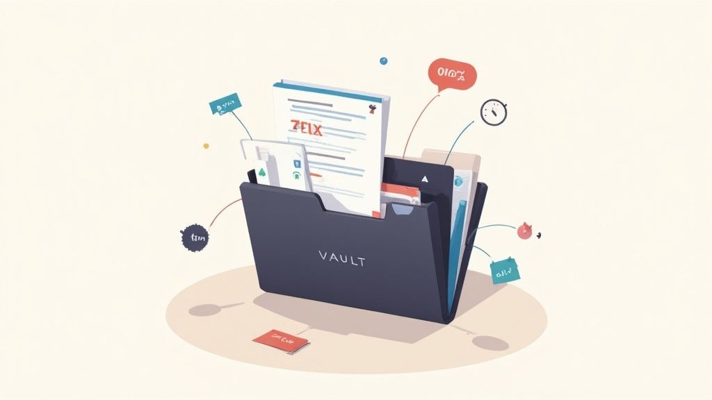 An illustration of a dark blue file folder labeled 'VAULT' overflowing with documents and connected icons, symbolizing data organization and management.