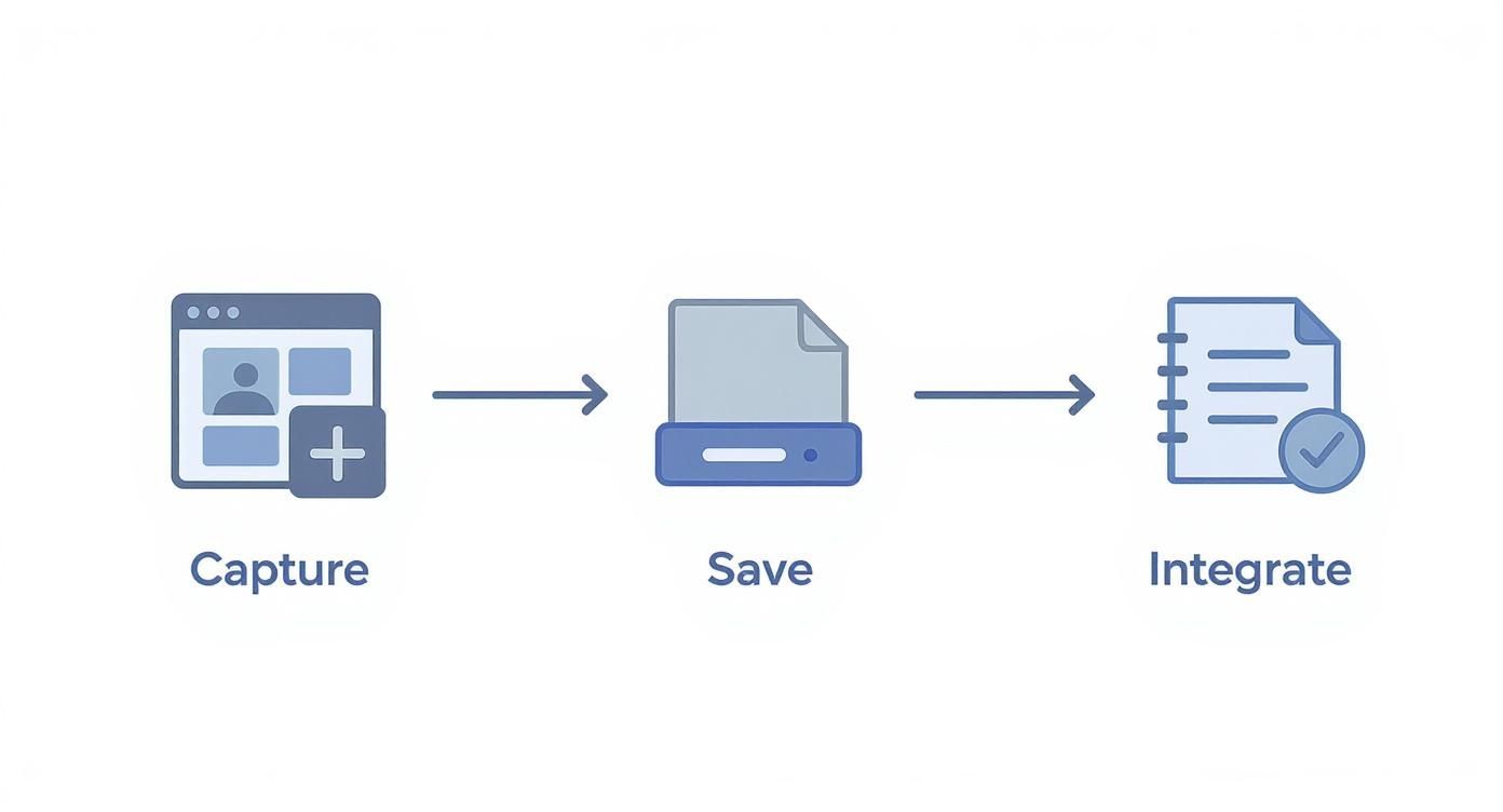 A three-step process diagram showing Capture, Save, and Integrate with corresponding icons and arrows.