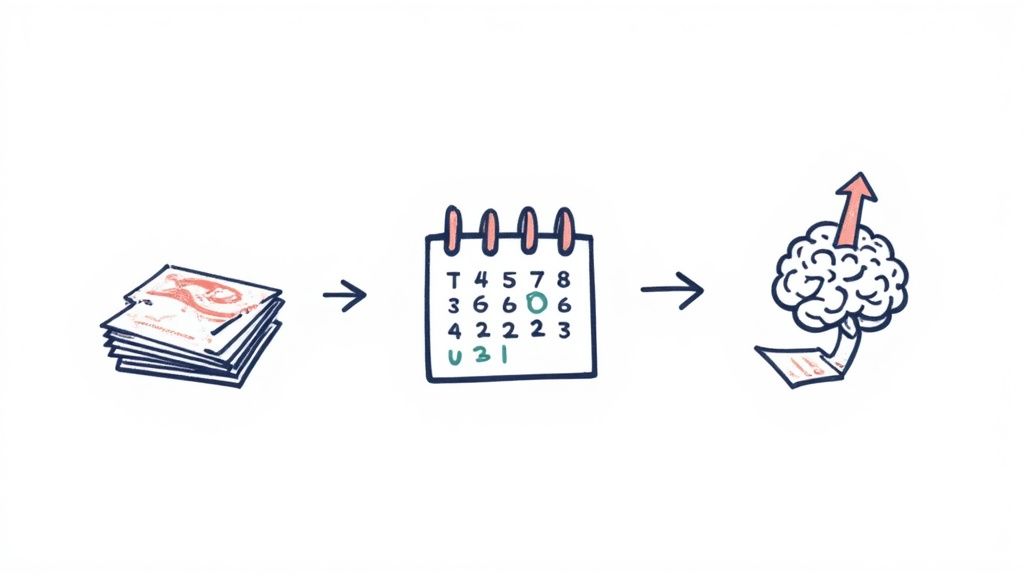 An illustration showing a stack of notes, a calendar, and a brain with an upward arrow, representing a learning process.