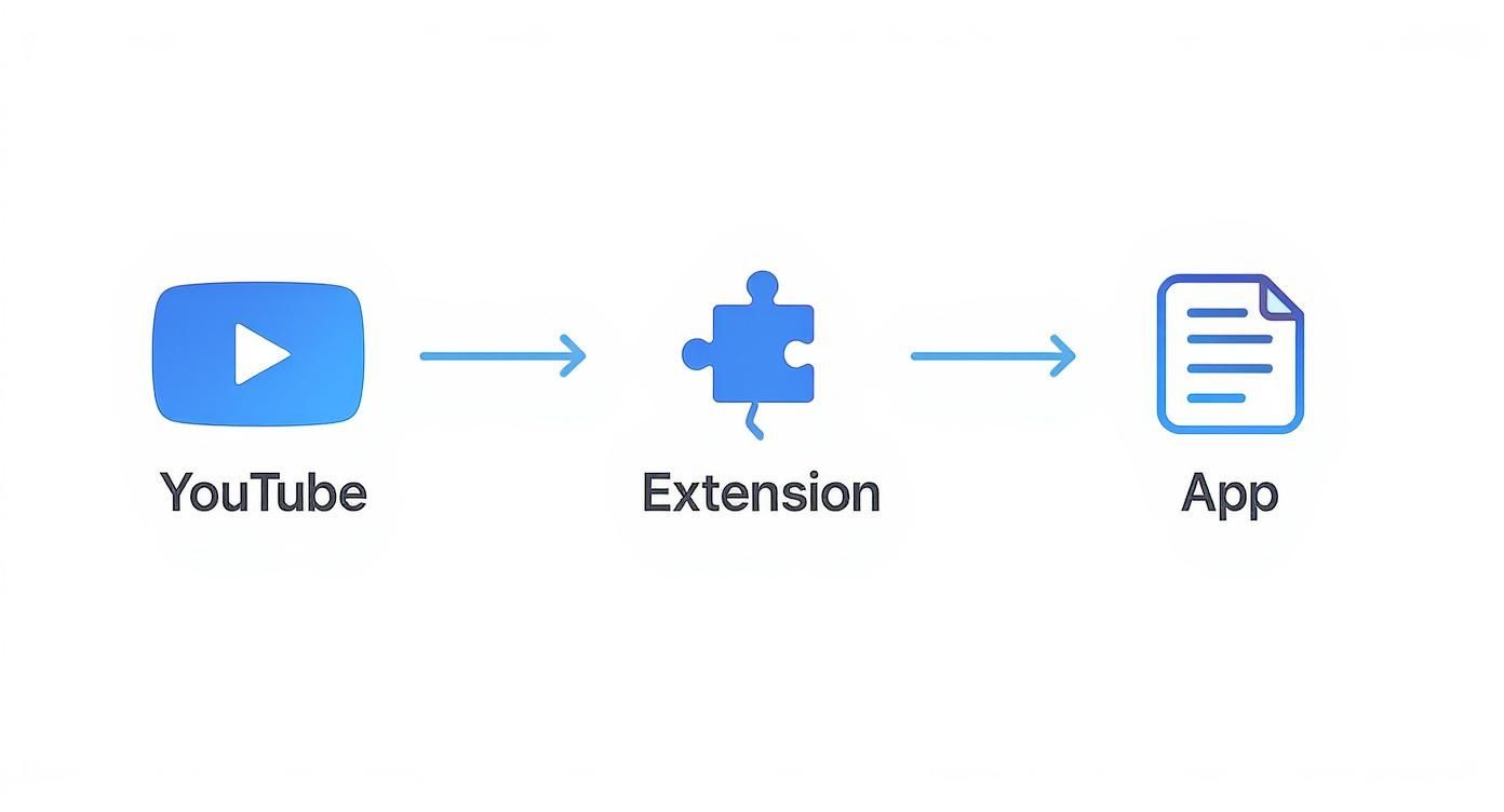 A diagram illustrating a data flow from YouTube, through an Extension, to an App.