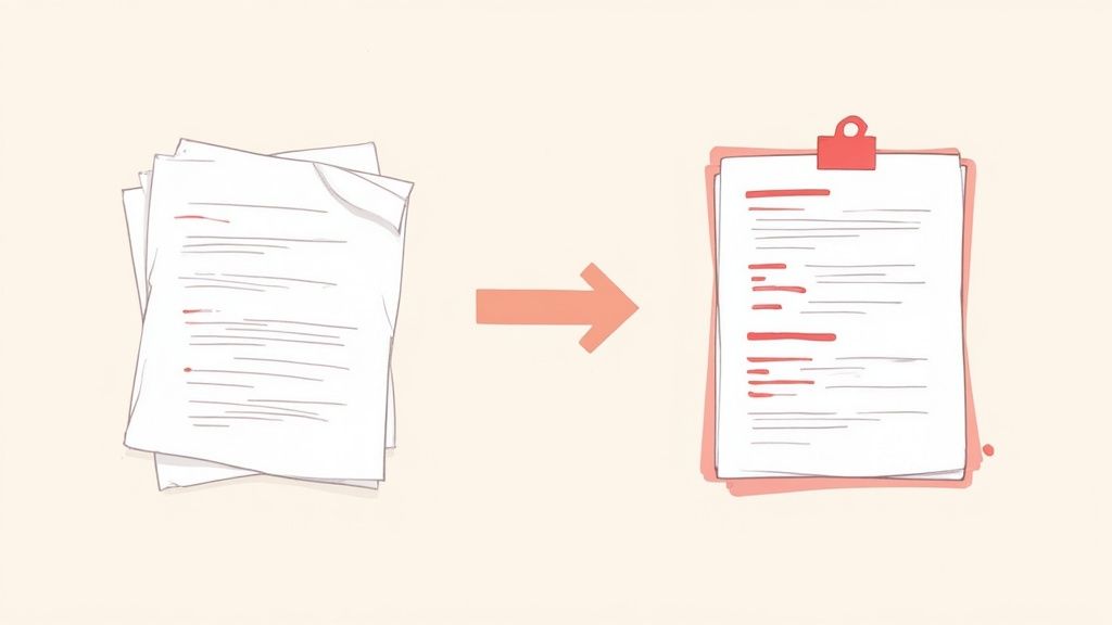 An illustration showing loose, marked papers transforming into an organized document on a clipboard.