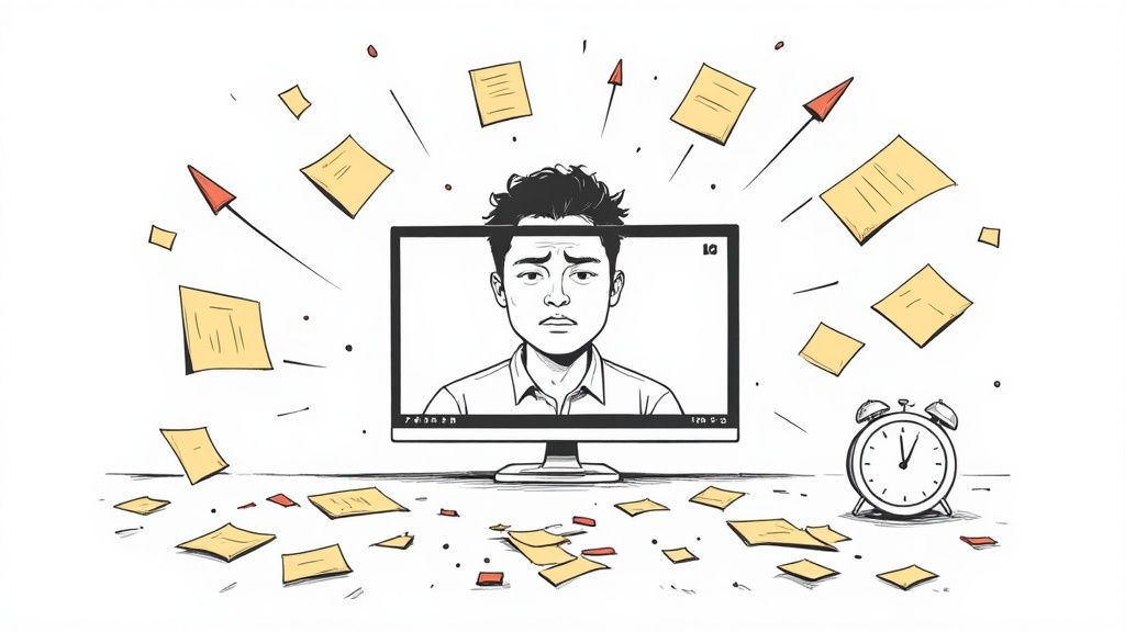 Illustration of a man on a computer screen looking overwhelmed by flying notes and an alarm clock.