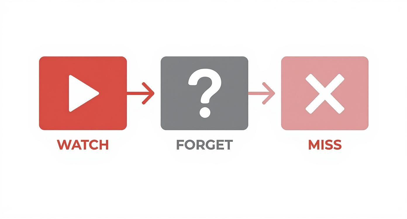 A flowchart showing a red play button (WATCH) leading to a grey question mark (FORGET) and then a pink X mark (MISS).