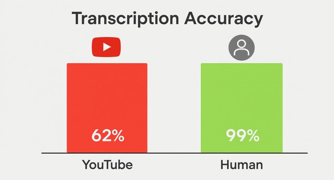 Bar chart comparing transcription accuracy: YouTube at 62% versus Human at 99%.