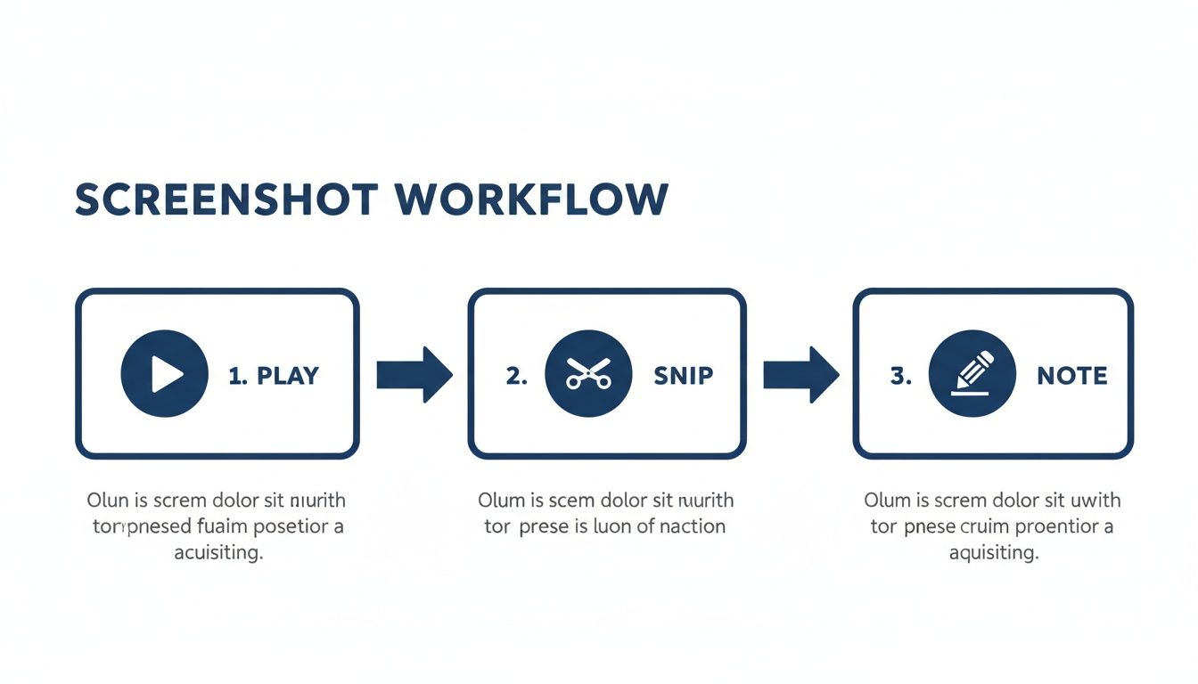 A workflow infographic detailing three steps for screenshots: 1. Play, 2. Snip, and 3. Note, with descriptions.