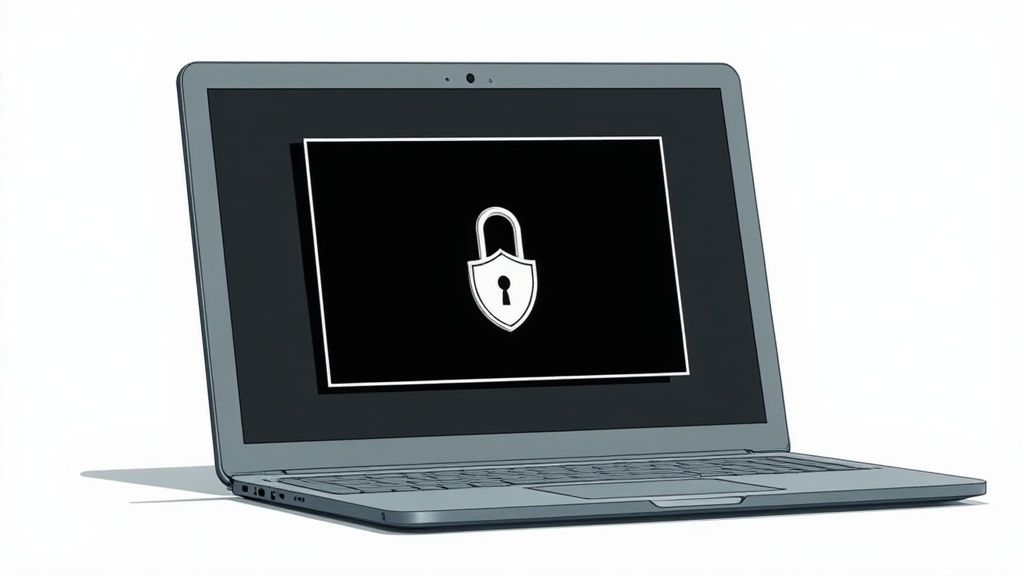A modern laptop with a black screen displaying a prominent white padlock icon, symbolizing digital security.