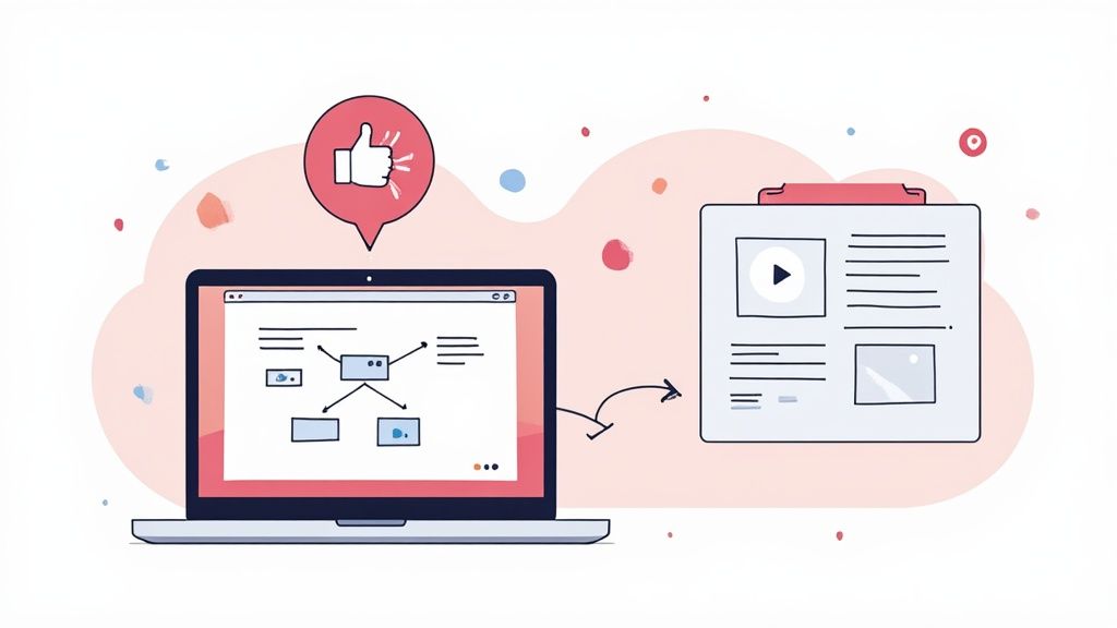 A laptop displays a flowchart, linking to a document outline with video and text, with a thumbs-up icon.